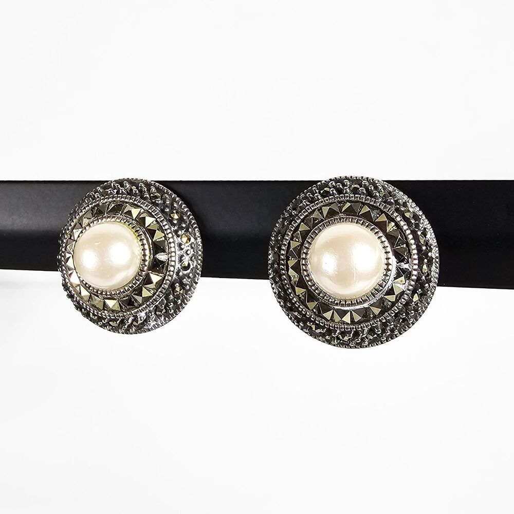 Vintage Judith Jack Faux Pearl Marcasite and Sterling Silver Pierced Earrings